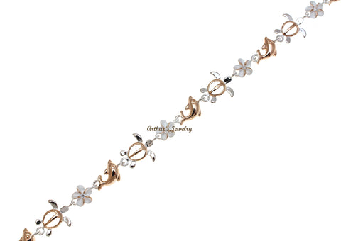 ROSE GOLD PLATED 2T SILVER 925 HAWAIIAN PLUMERIA TURTLE DOLPHIN ANKLET 9 1/2"