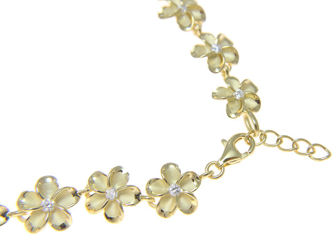 YELLOW GOLD 925 SILVER HAWAIIAN FANCY PLUMERIA FLOWER BRACELET CZ 10MM 7.5"