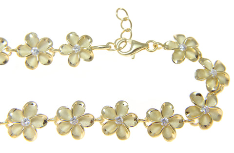 YELLOW GOLD 925 SILVER HAWAIIAN FANCY PLUMERIA FLOWER BRACELET CZ 10MM 7.5"