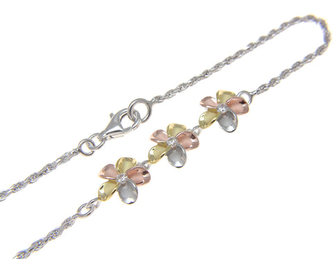 YELLOW ROSE GOLD SILVER 925 RHODIUM TRICOLOR HAWAIIAN 3 PLUMERIA ANKLET ROPE 9"