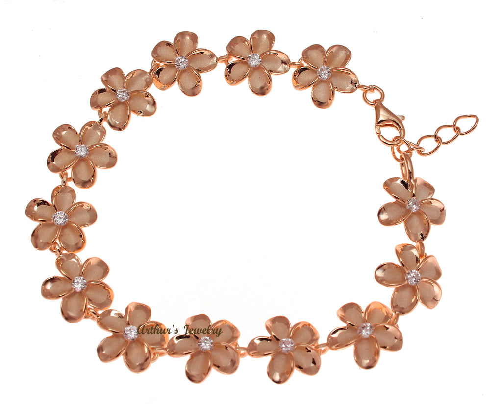 STERLING SILVER 925 HAWAIIAN PLUMERIA PINK ROSE GOLD PLATED BRACELET CZ 12MM 7.5