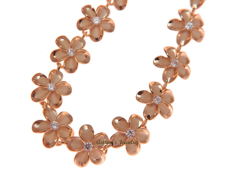 STERLING SILVER 925 HAWAIIAN PLUMERIA PINK ROSE GOLD PLATED BRACELET CZ 12MM 7.5