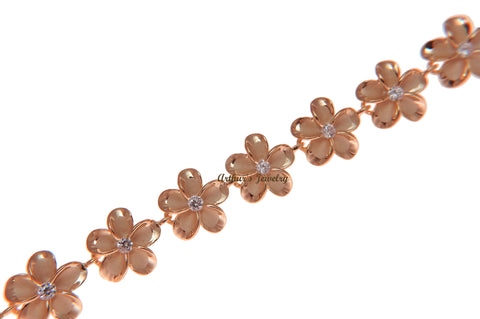 STERLING SILVER 925 HAWAIIAN PLUMERIA PINK ROSE GOLD PLATED BRACELET CZ 12MM 7.5