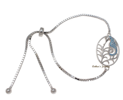 Silver 925 Blue Topaz Hawaiian Seahorse Sliding Adjustable Bead Chain Bracelet
