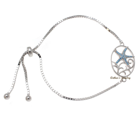 Silver 925 Blue Topaz Hawaiian Starfish Sea Star Sliding Adjustable Bracelet