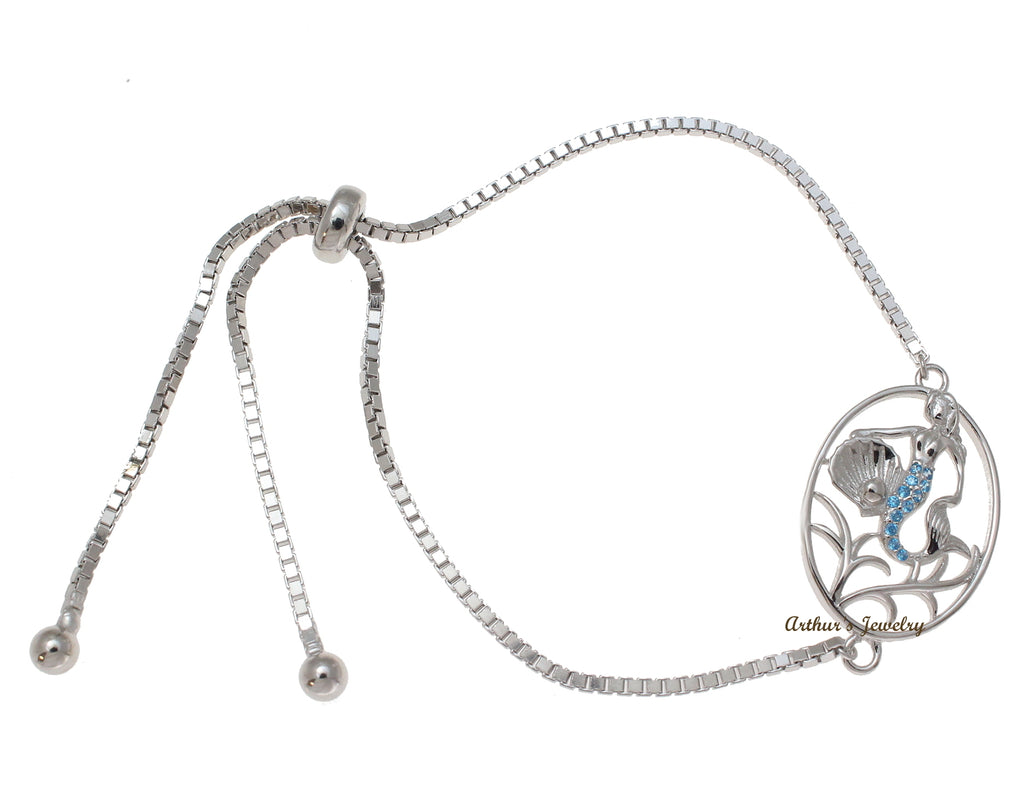 Silver 925 Blue Topaz Hawaiian Mermaid Shell Sliding Adjustable Bead Bracelet