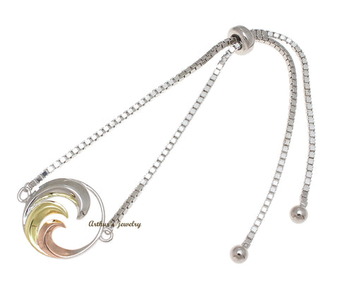 Silver 925 Tricolor Hawaiian Ocean Wave Sliding Bead Chain Adjustable Bracelet