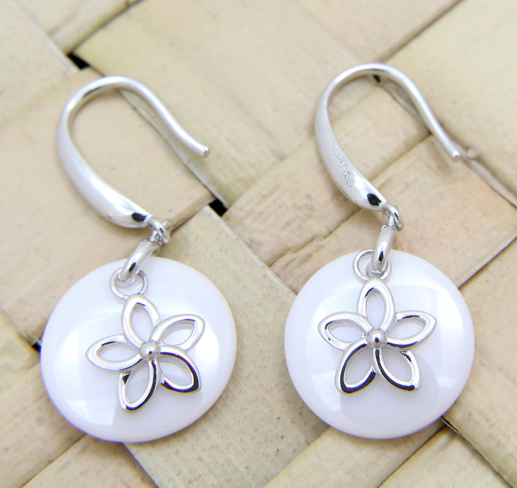 925 Silver Rhodium Hawaiian Plumeria Flower White Ceramic Circle Hook Earrings