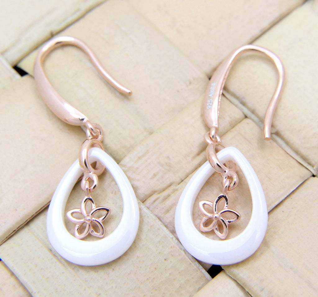 925 Silver Pink Gold Hawaiian Plumeria Flower White Ceramic Tear Drop Earrings