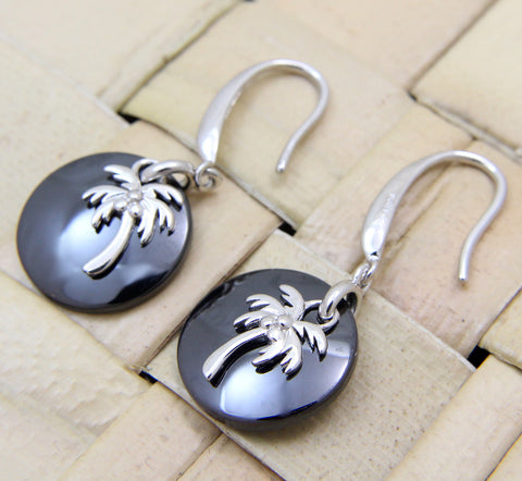 925 Silver Rhodium Hawaiian Coconut Palm Tree Black Ceramic Circle Hook Earrings