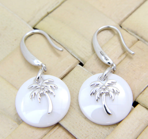 925 Silver Rhodium Hawaiian Coconut Palm Tree White Ceramic Circle Hook Earrings