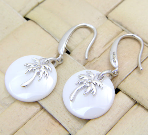 925 Silver Rhodium Hawaiian Coconut Palm Tree White Ceramic Circle Hook Earrings