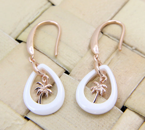925 Silver Pink Rose Gold Hawaiian Palm Tree White Ceramic Tear Drop Earrings