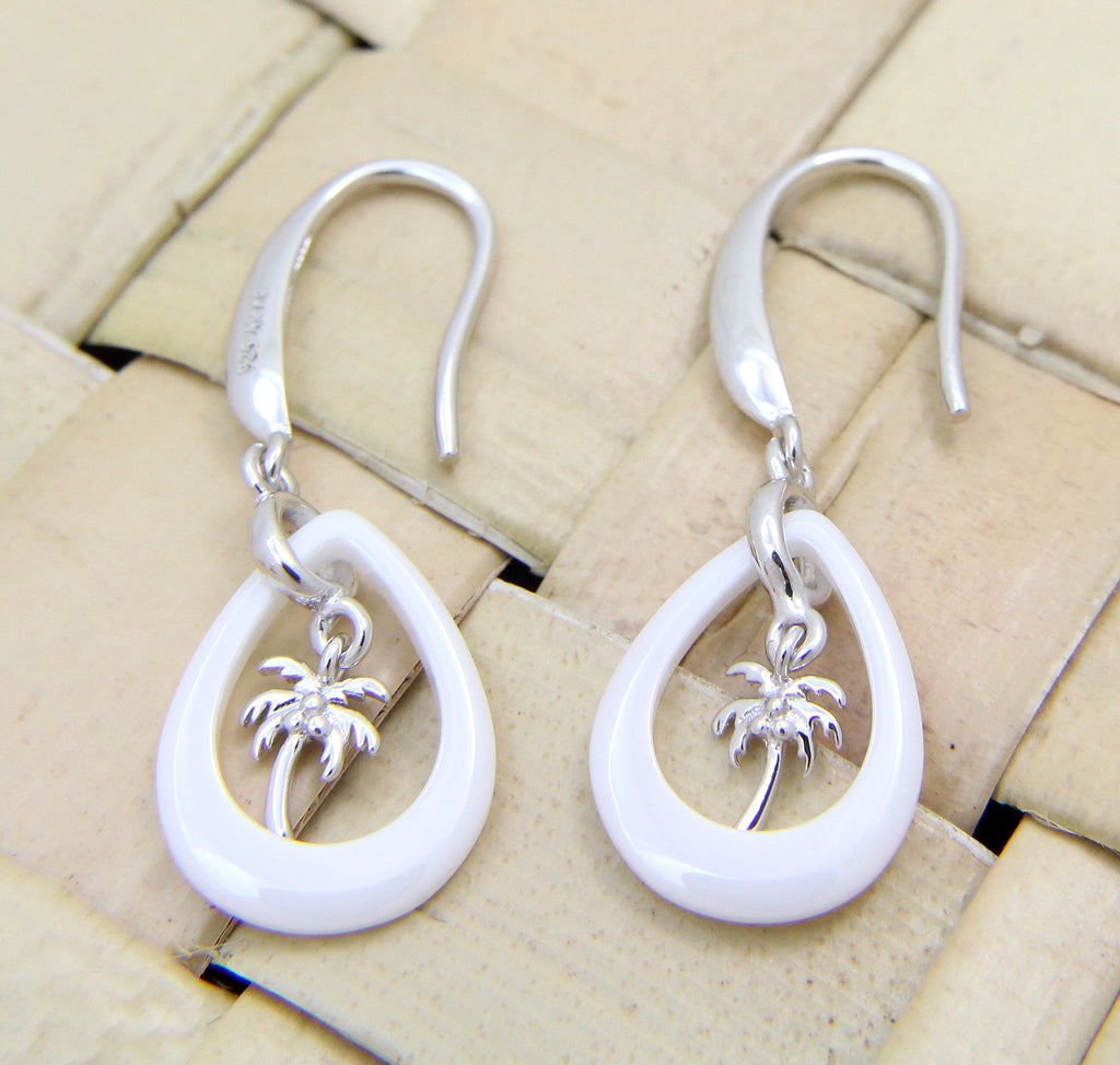 925 Silver Rhodium Hawaiian Palm Tree White Ceramic Tear Drop Hook Earrings