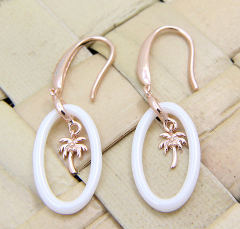 925 Silver Pink Rose Gold Hawaiian Palm Tree White Ceramic Oval Hook Earrings