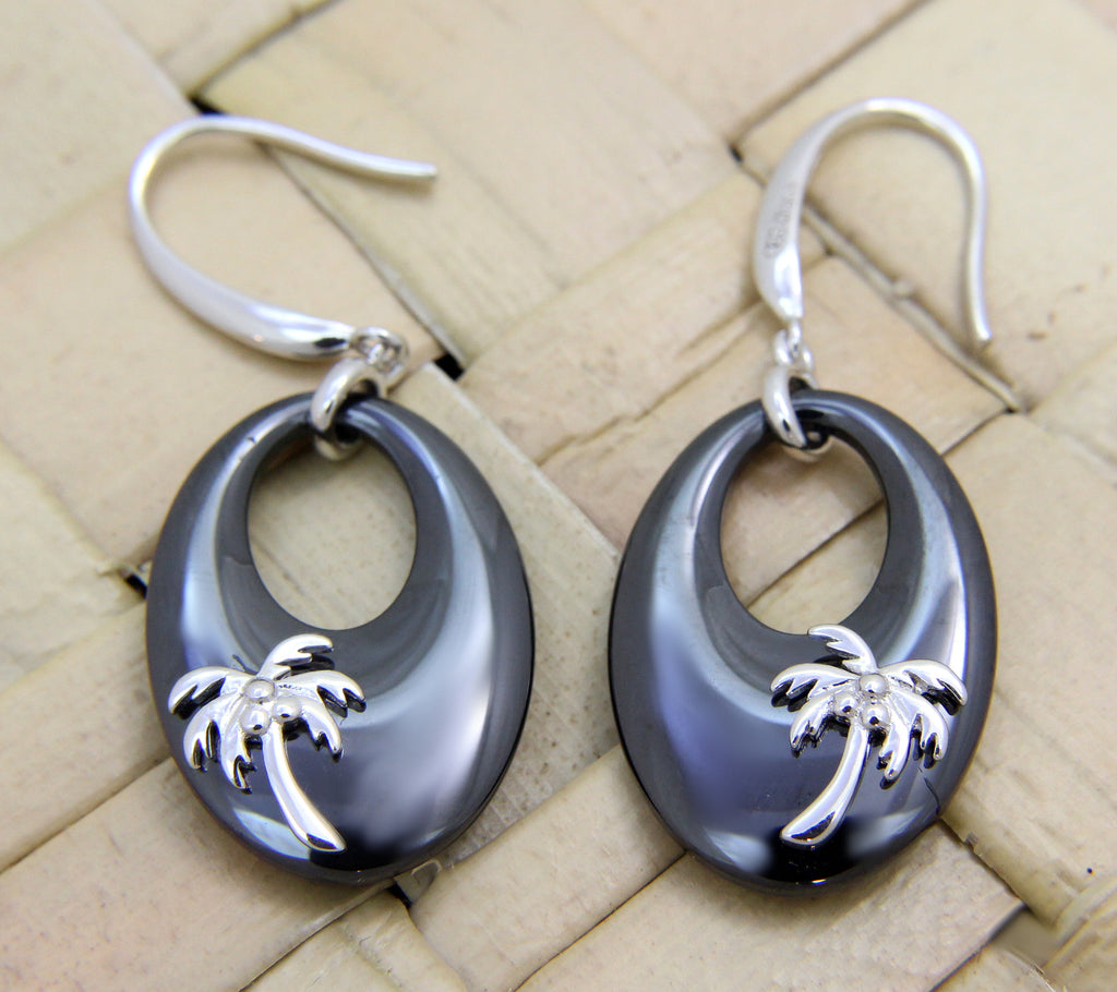 925 Sterling Silver Rhodium Hawaiian Palm Tree Black Ceramic Oval Hook Earrings
