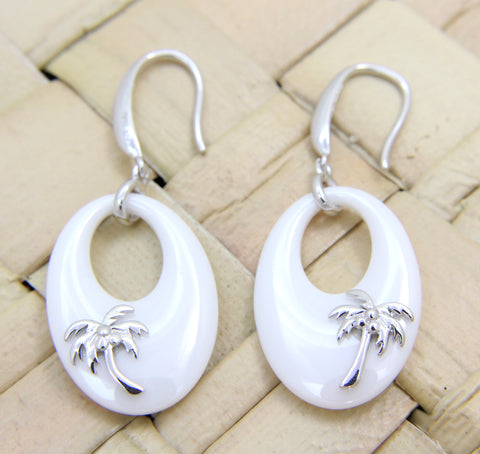 925 Sterling Silver Rhodium Hawaiian Palm Tree White Ceramic Oval Hook Earrings