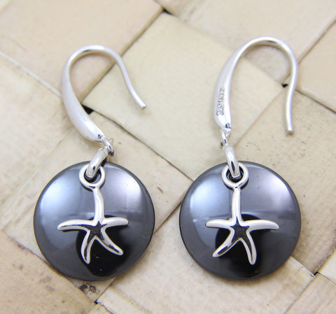 925 Silver Rhodium Hawaiian Starfish Sea Star Black Ceramic Circle Hook Earrings