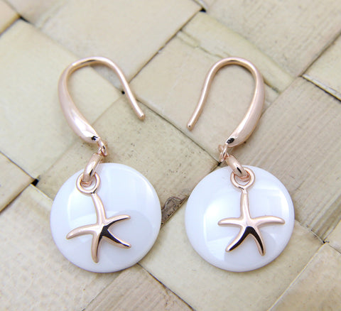 925 Silver Pink Gold Hawaiian Starfish Sea Star White Ceramic Circle Earrings