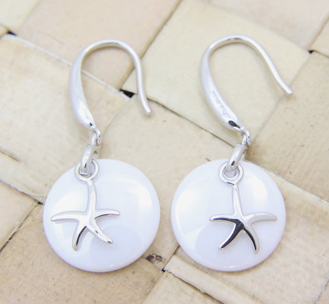 925 Silver Rhodium Hawaiian Starfish Sea Star White Ceramic Circle Hook Earrings
