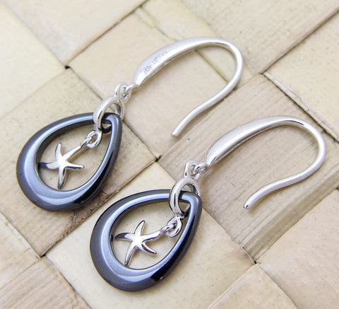 925 Silver Rhodium Hawaiian Starfish Sea Star Black Ceramic Tear Drop Earrings
