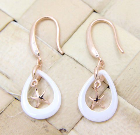 925 Silver Pink Gold Hawaiian Starfish Sea Star White Ceramic Tear Drop Earrings