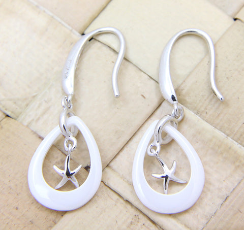 925 Silver Rhodium Hawaiian Starfish Sea Star White Ceramic Tear Drop Earrings