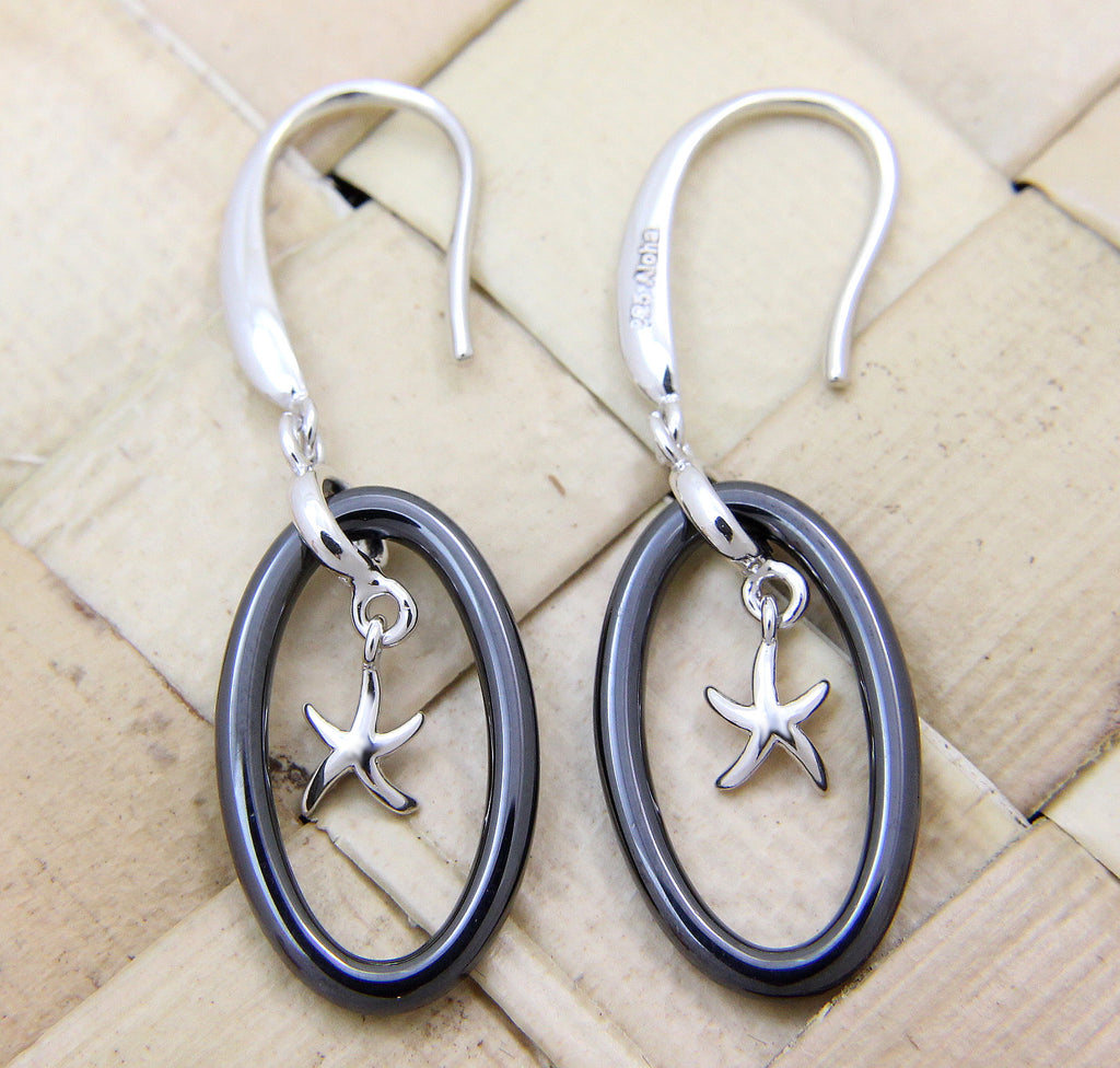 925 Silver Rhodium Hawaiian Starfish Sea Star Black Ceramic Oval Hook Earrings