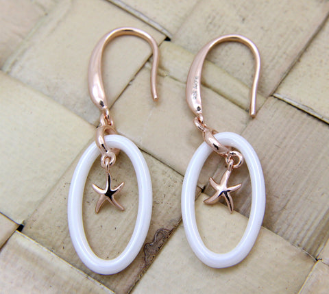 925 Silver Pink Rose Gold Hawaiian Starfish Sea Star White Ceramic Oval Earrings