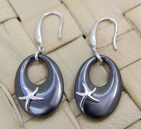 925 Silver Rhodium Hawaiian Starfish Sea Star Black Ceramic Oval Hook Earrings