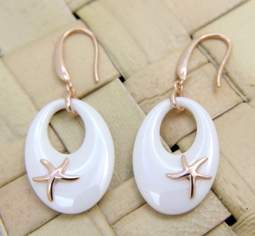 925 Silver Pink Gold Hawaiian Starfish Sea Star White Ceramic Oval Hook Earrings
