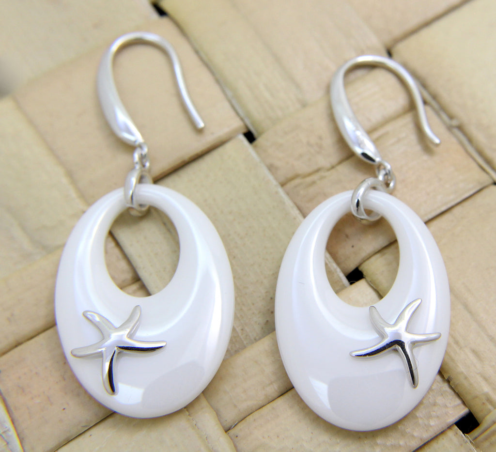 925 Silver Rhodium Hawaiian Starfish Sea Star White Ceramic Oval Hook Earrings