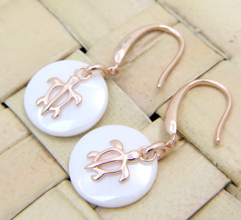 925 Silver Pink Rose Gold Hawaiian Honu Sea Turtle White Ceramic Circle Earrings