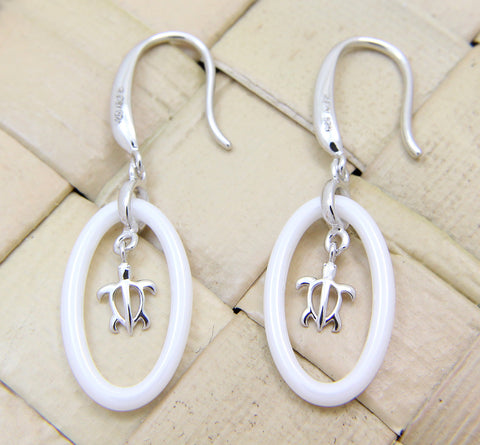 925 Silver Rhodium Hawaiian Honu Sea Turtle White Ceramic Oval Hook Earrings
