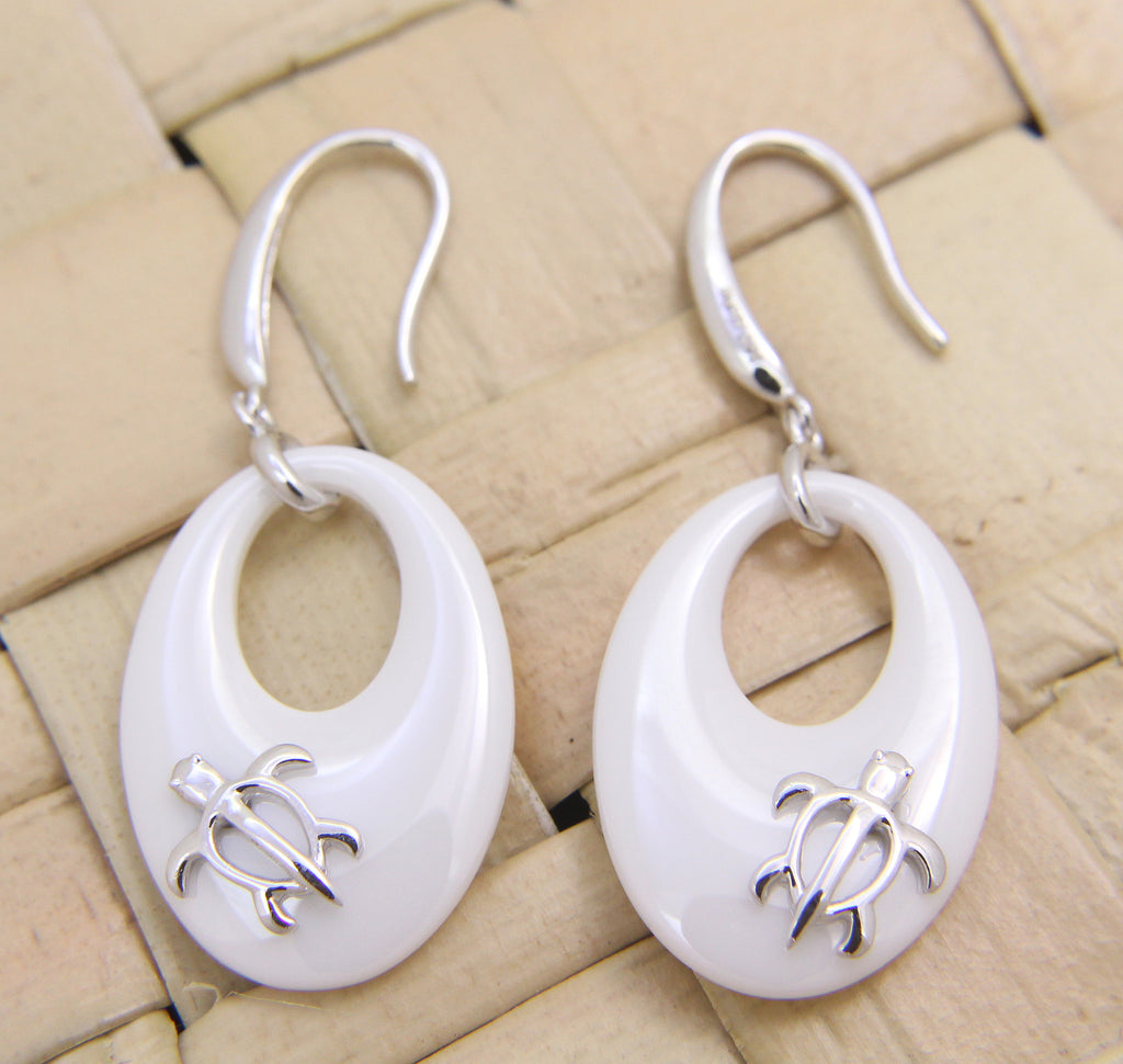 925 Silver Rhodium Hawaiian Honu Sea Turtle White Ceramic Oval Hook Earrings