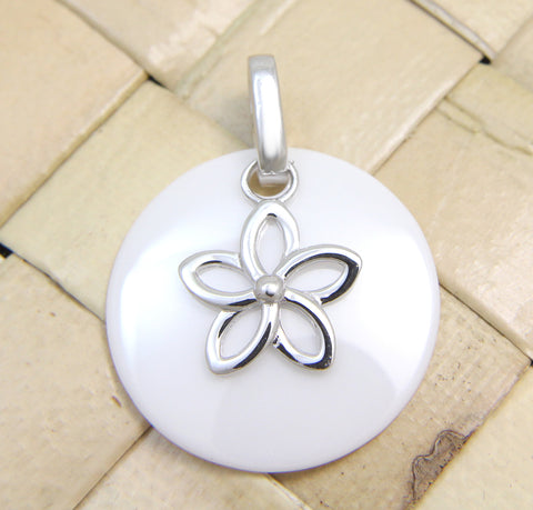 925 Silver Rhodium Hawaiian Plumeria Flower White Ceramic Circle Round Pendant