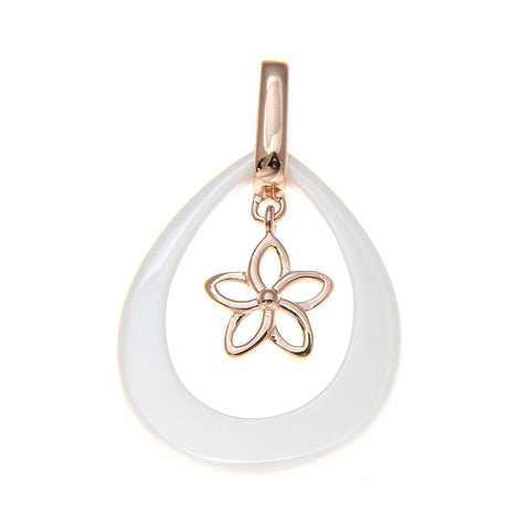 925 Silver Pink Gold Hawaiian Plumeria Flower White Ceramic Tear Drop Pendant