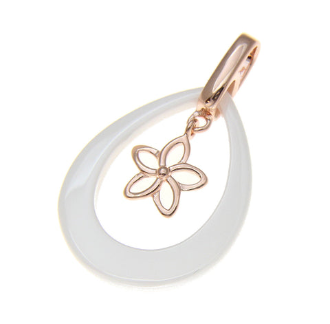 925 Silver Pink Gold Hawaiian Plumeria Flower White Ceramic Tear Drop Pendant