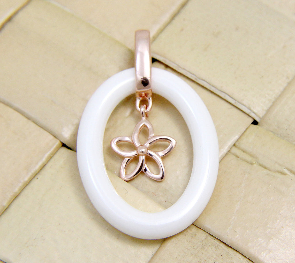 925 Silver Pink Rose Gold Hawaiian Plumeria Flower White Ceramic Oval Pendant