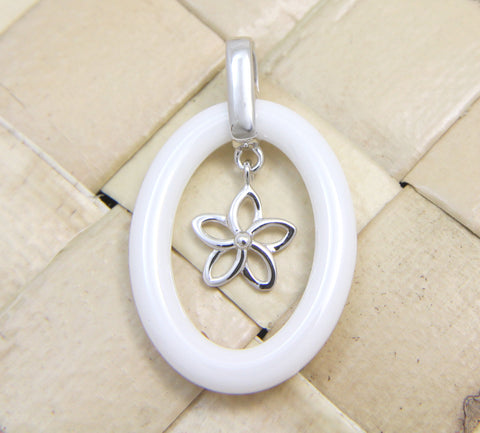 925 Sterling Silver Rhodium Hawaiian Plumeria Flower White Ceramic Oval Pendant