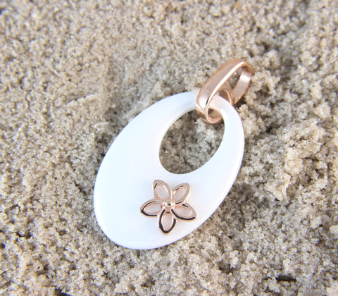 925 Silver Pink Rose Gold Hawaiian Plumeria Flower White Ceramic Oval Pendant