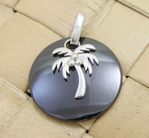 925 Silver Rhodium Hawaiian Coconut Palm Tree Black Ceramic Circle Round Pendant