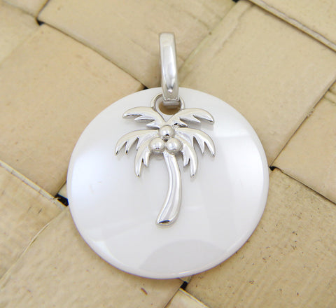 925 Silver Rhodium Hawaiian Coconut Palm Tree White Ceramic Circle Round Pendant