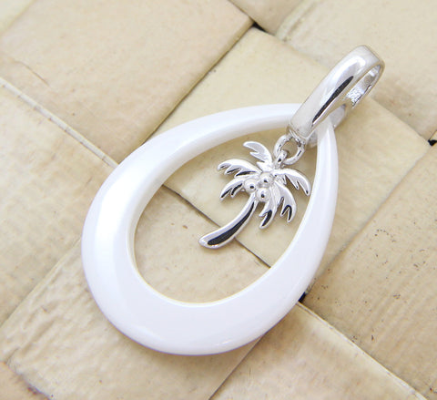 925 Silver Rhodium Hawaiian Coconut Palm Tree White Ceramic Tear Drop Pendant