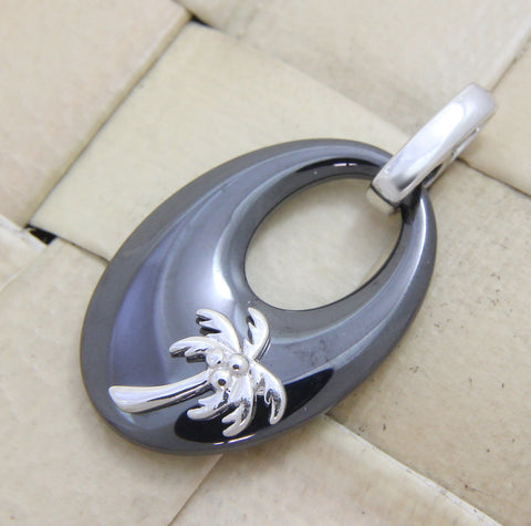 925 Silver Rhodium Hawaiian Coconut Palm Tree Black Ceramic Oval Pendant