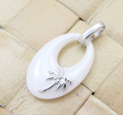 925 Silver Rhodium Hawaiian Coconut Palm Tree White Ceramic Oval Pendant