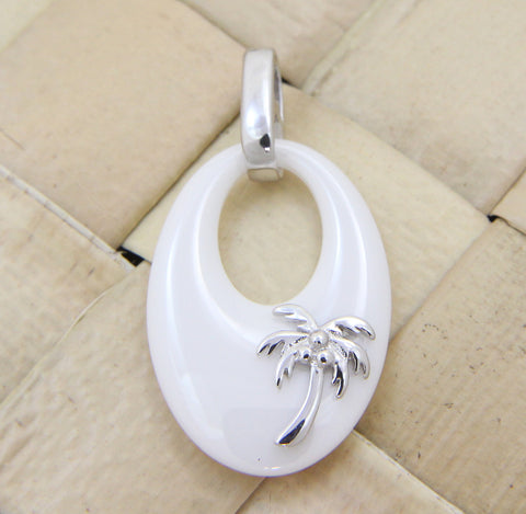 925 Silver Rhodium Hawaiian Coconut Palm Tree White Ceramic Oval Pendant