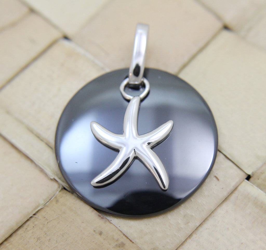 925 Silver Rhodium Hawaiian Starfish Sea Star Black Ceramic Circle Round Pendant