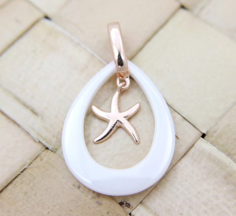 925 Silver Pink Gold Hawaiian Starfish Sea Star White Ceramic Tear Drop Pendant