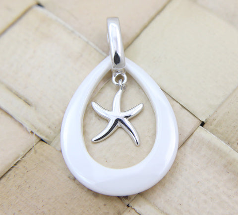 925 Silver Rhodium Hawaiian Starfish Sea Star White Ceramic Tear Drop Pendant